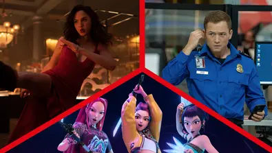 Collage zu Szenenbildern der Filme „Red Notice“, „KPop Demon Hunters“ und „Carry-On“. - Foto: Netflix / Collage TVMovie.de