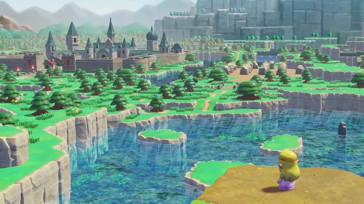 Eine Szene aus The Legend of Zelda: Echoes of Wisdom. Zelda steht auf einer Plattform und blickt auf das Schluss von Hyrule.