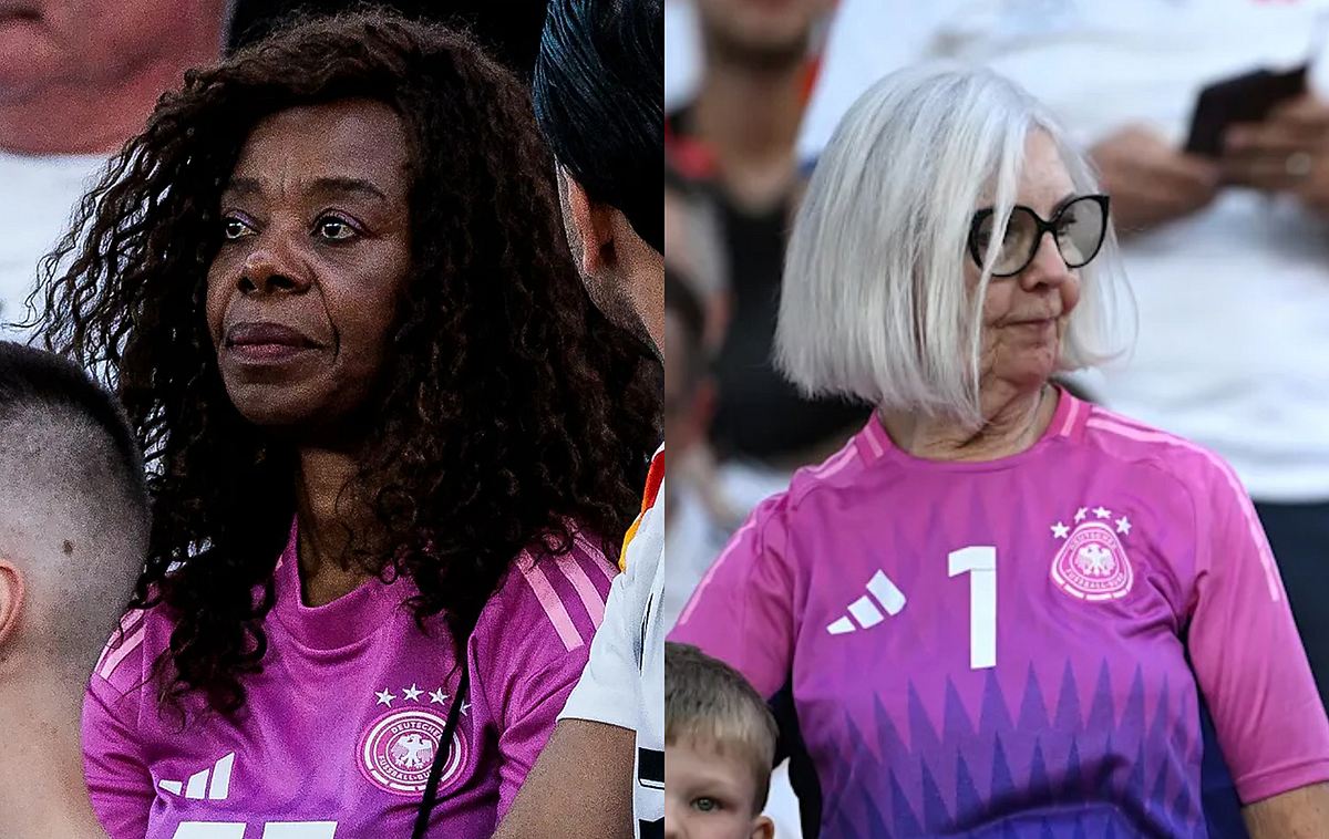 Links im Bild im deutschen Auswärtstrikot Phyllis Hendrichs, die Mutter von Benjamin Hendrichs, rechts im Bild , ebenfalls im Auswärtstrikot Marita Neuer, die Mutter von Manuel Neuer
