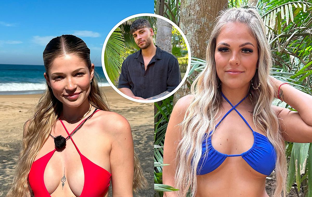 Links Alessandra im roten Badeanzug, recht Jeanine im blauen Bikini, mittig in einem kleinen Kreis Fabi im schwarzen Kurzarm-Hemd