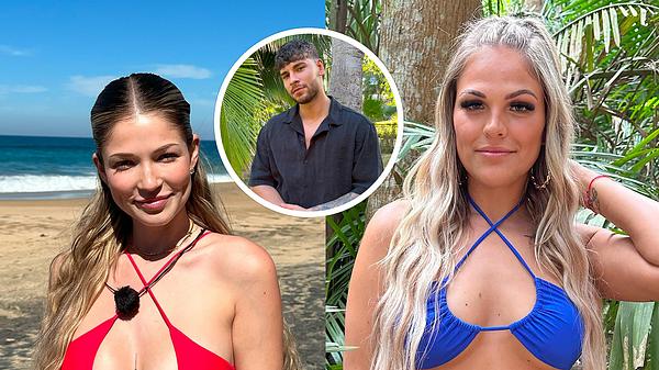 Links Alessandra im roten Badeanzug, recht Jeanine im blauen Bikini, mittig in einem kleinen Kreis Fabi im schwarzen Kurzarm-Hemd - Foto: Collage: RTL