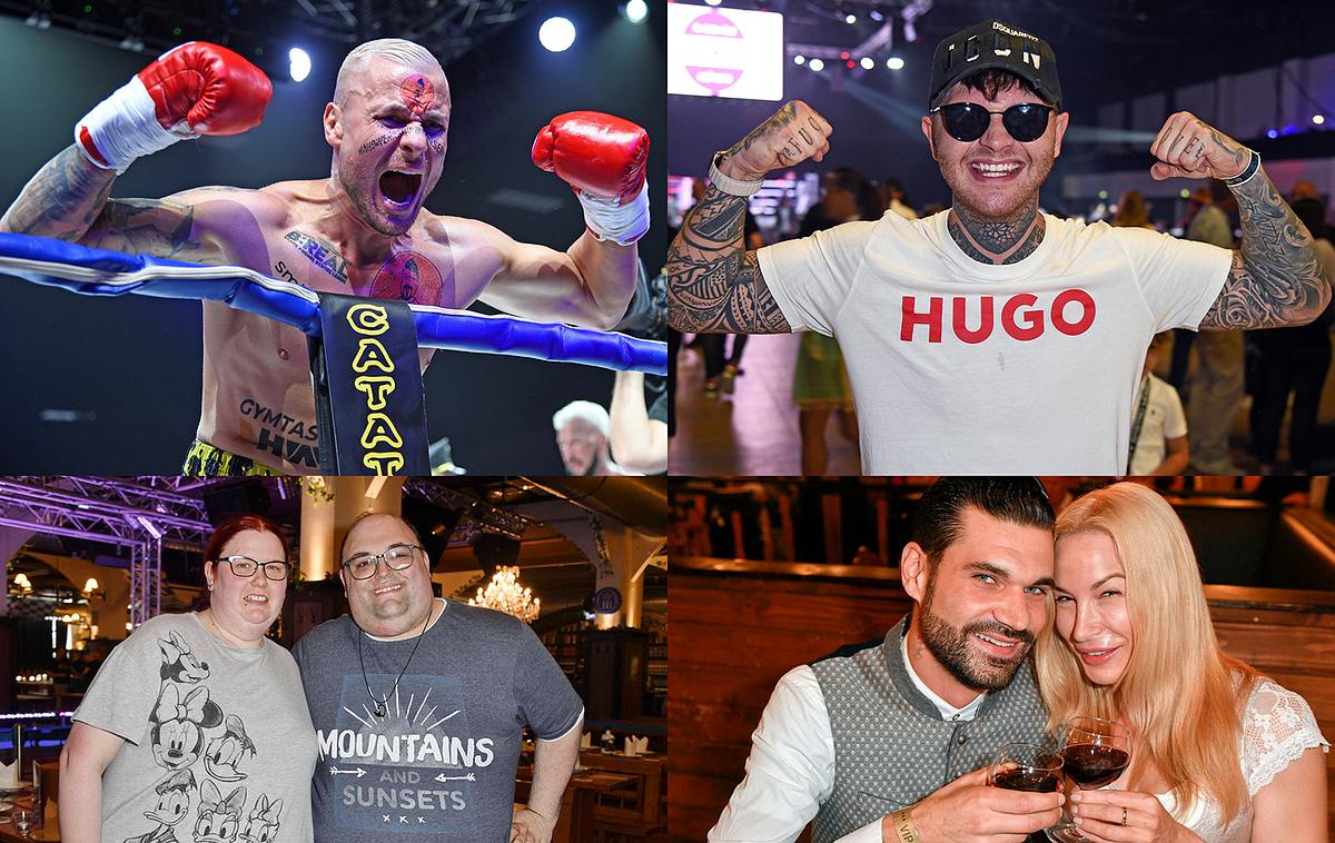 Oben links: Eric Sindermann im Boxoutifit, oben rechts: Flocke im Publikum, unten links Ingo und Frau Annike posieren, unten rechts Mike Cees und Michelle schauen verliebt