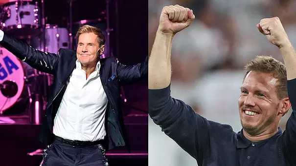 Links feiert Dieter Bohlen auf der Bühne, rechts feiert Julian Nagelsmann einen Sieg - Foto: Collage: IMAGO / Future Image, IMAGO / osnapix Links feiert Dieter Bohlen auf der Bühne, rechts feiert Julian Nagelsmann einen Sieg - Foto: Collage: IMAGO / Future Image, IMAGO / osnapix
