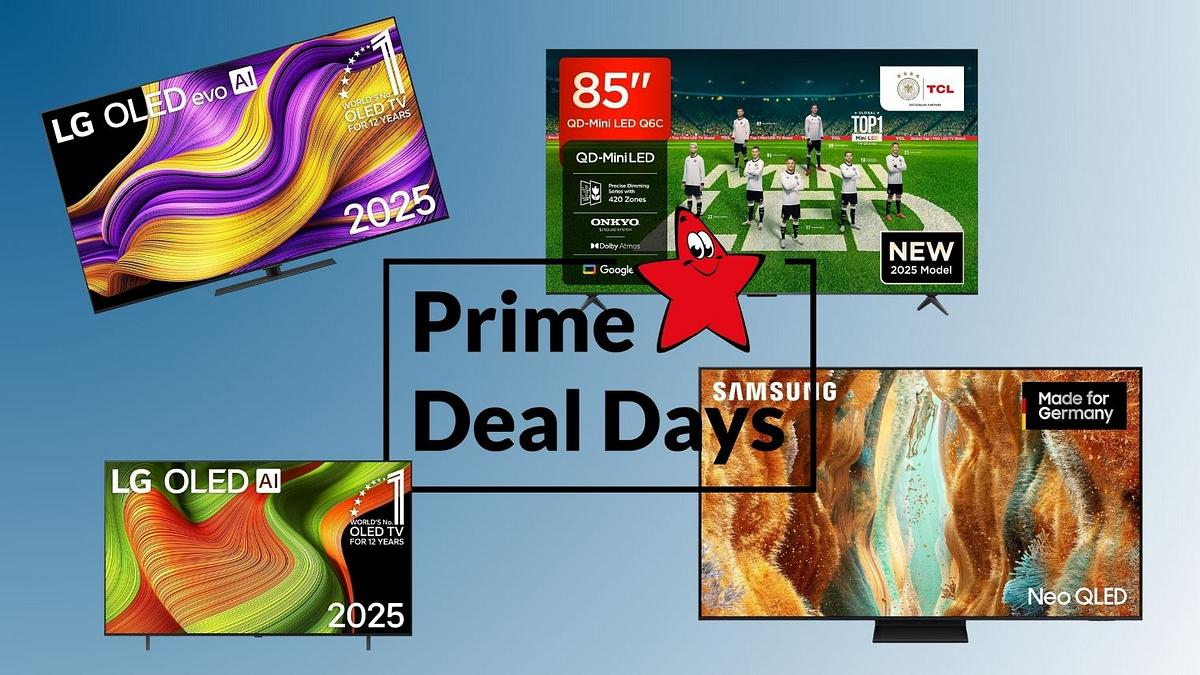 Ein Prime Day Schriftzug, darum verschiedene Fernseher