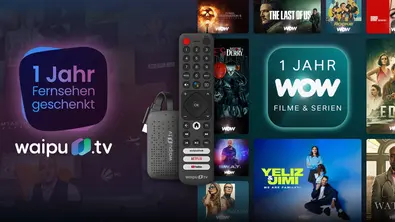 Das Angebotsartwork zeigt das waipu Logo und auf der anderen Seite WOW mit Serien-Highlights - Foto: PR / waipu.tv