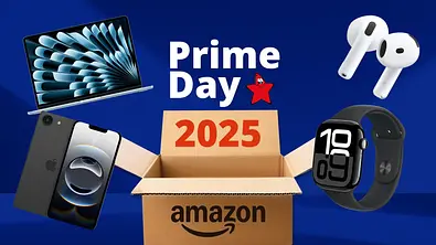 Eine Karton von Amazon mit der Aufschrift Prime Day 2025. Aus ihm heraus schweben ein iPhone, MacBook, AirPods und eine Apple Watch. - Foto: TVMovie.de & iStock (kyoshino, Ake Ngiamsanguan) & PR