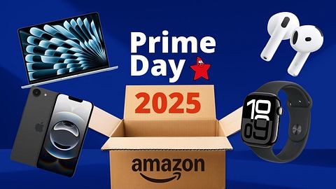 Eine Karton von Amazon mit der Aufschrift Prime Day 2025. Aus ihm heraus schweben ein iPhone, MacBook, AirPods und eine Apple Watch. - Foto: TVMovie.de & iStock (kyoshino, Ake Ngiamsanguan) & PR