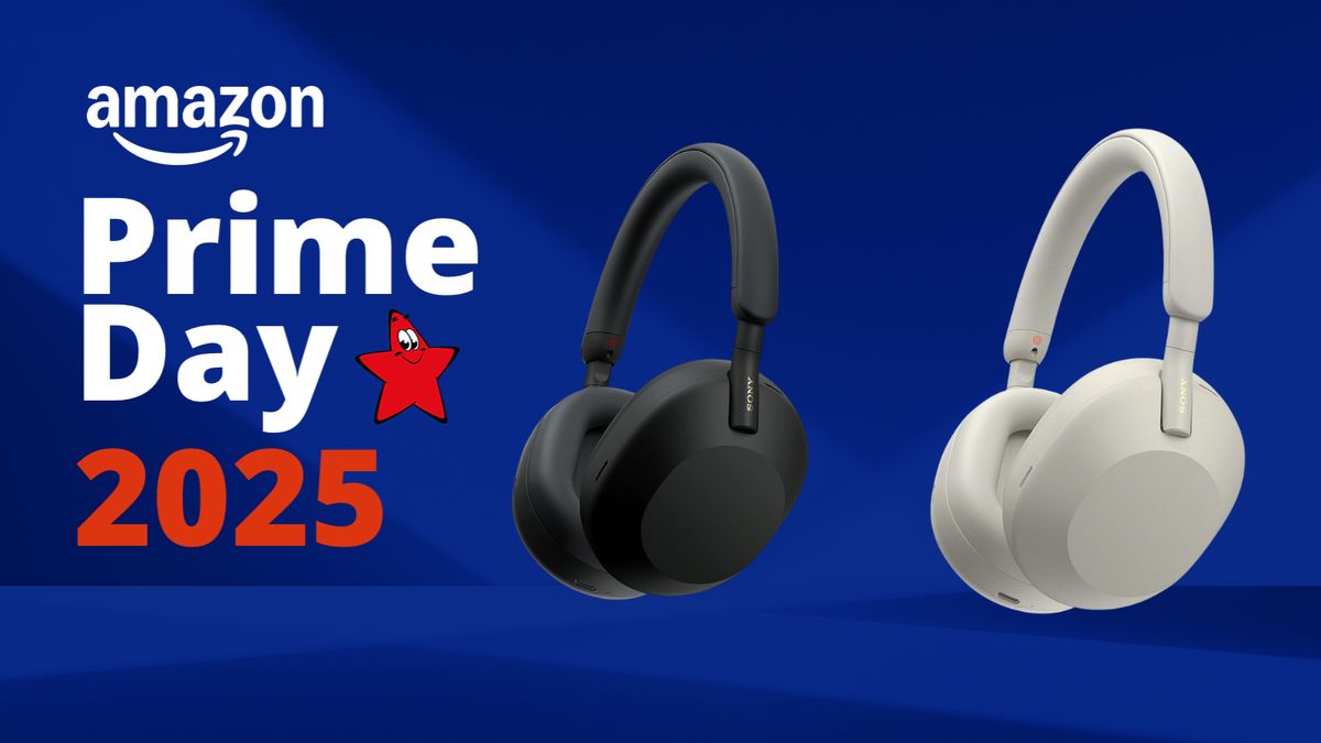 Auch die Sony WH-1000XM5 Kopfhörer sind zum Prime Day genial reduziert! Sony WH-1000XM5 Kopfhörer neben dem Logo des Amazon Prime Day 2025