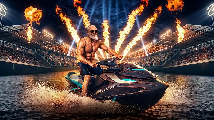 Stefan Raab lädt zur „Jetski Star WM“. KI-Bild von Stefan Raab auf einem Jetski, im Hintergrund Feuer und Publikum.