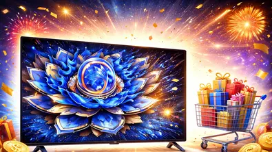 Ein reduzierter Fernseher von TCL, im Hintergrund Feuerwerk - Foto: tvmovie/chatgpt