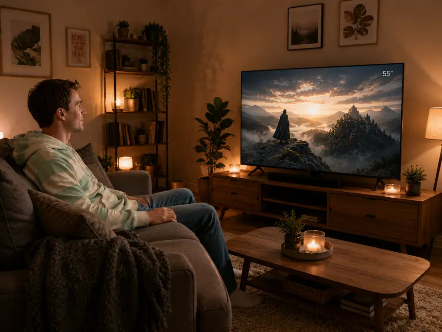 Aufmacherbild 55 Zoll Fernseher Redakteur Joris Ujen sitzt vor einem 55 Zoll Fernseher in einem gemütlichen Wohnzimmer