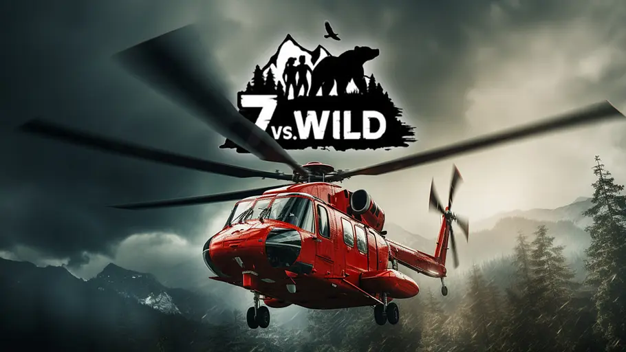 Ein Helikopter fliegt vor dem Logo von „7 vs. Wild“