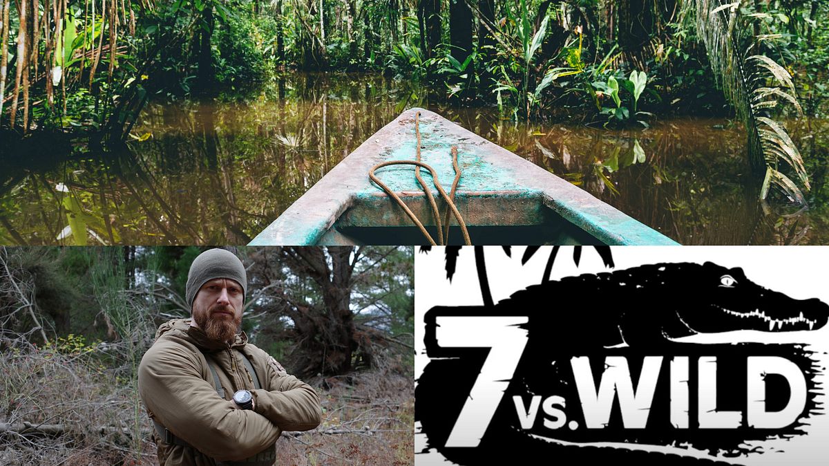 „7 vs. Wild“, Staffel 5: Start und Drehort Collage: Oben die Spitze eines Bootes im Amazon in Peru, unten links Fritz Meinecke mit verschränkten Armen, unten recht das „7 vs. Wild“-Logo mit Krokodil
