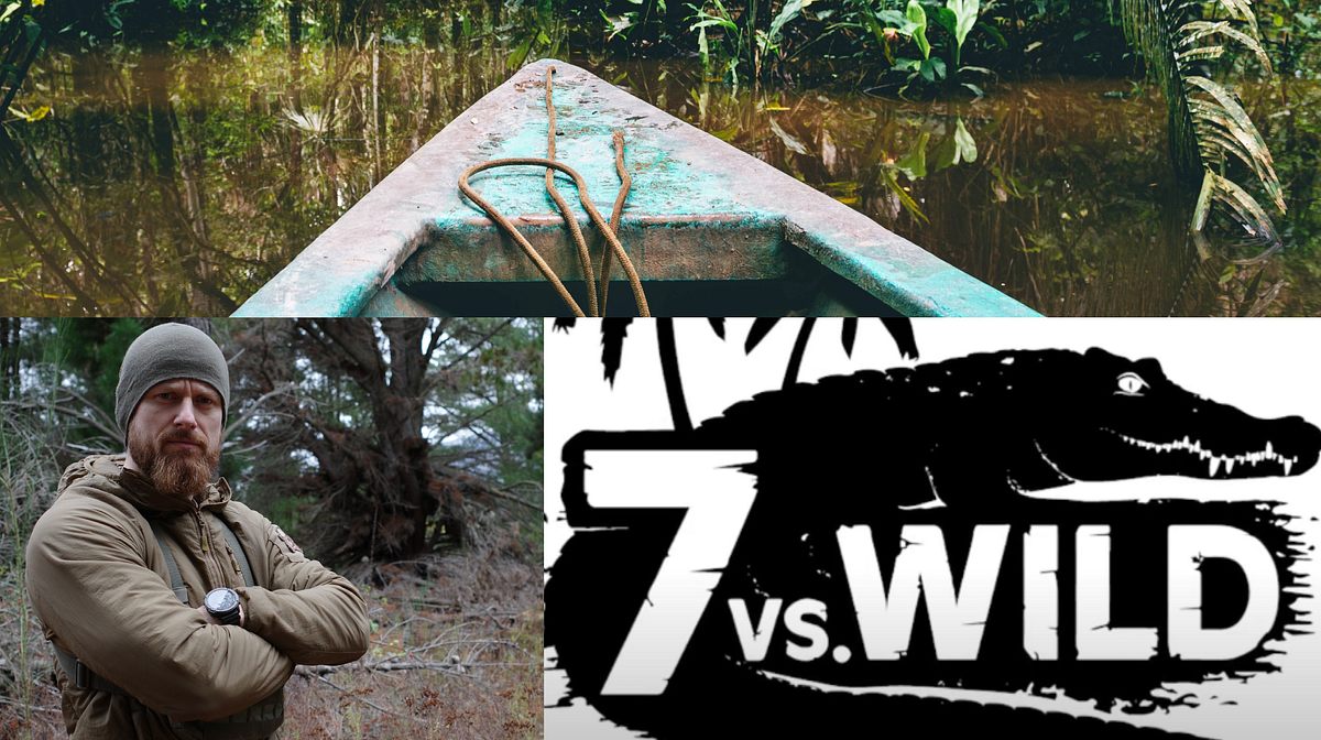 „7 vs. Wild“, Staffel 5: Start und Drehort Collage: Oben die Spitze eines Bootes im Amazon in Peru, unten links Fritz Meinecke mit verschränkten Armen, unten recht das „7 vs. Wild“-Logo mit Krokodil