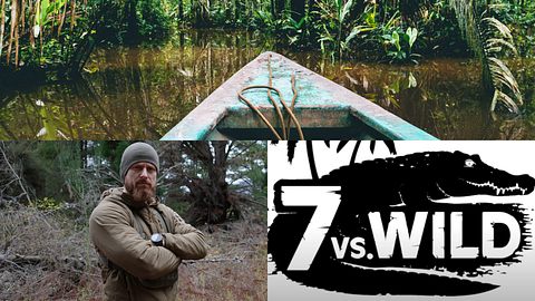 Collage: Oben die Spitze eines Bootes im Amazon in Peru, unten links Fritz Meinecke mit verschränkten Armen, unten recht das „7 vs. Wild“-Logo mit Krokodil - Foto:  IMAGO / Westend61, Calivision Network GmbH und Youtube/Fritz Meinecke