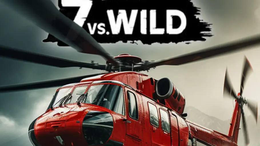 7 vs. Wild, Staffel 6 Sendetermine Ein Helikopter fliegt vor dem Logo von „7 vs. Wild“