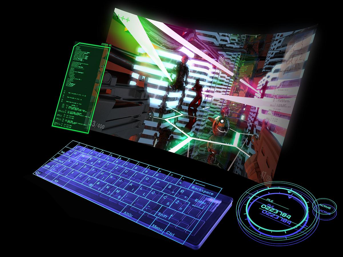 Ein futuristischer Curved Gaming Monitor mit Tastatur im Neon-Look