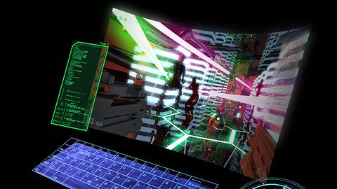 Ein futuristischer Curved Gaming Monitor mit Tastatur im Neon-Look - Foto: iStock/Devrimb
