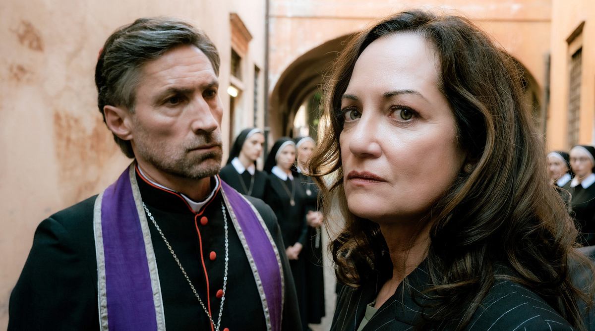 Die Diplomatin Natalia Wörner als Karla Lorenz im ARD-Film „Die Diplomatin – Tod einer Nonne“ im Gespräch mit Kardinal Köhlbauer.
