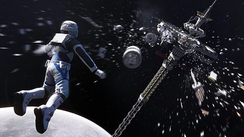 Szene aus Deliver Us The Moon: Ein Astronaut schwebt außerhalb einer explodierenden Raumstation. - Foto: Wired Productions/PR