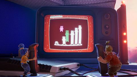 Szene aus It Takes Two: Cody und May bedienen Joysticks und spielen ein Spiel auf einem Fernseher. - Foto: Electronic Arts/PR