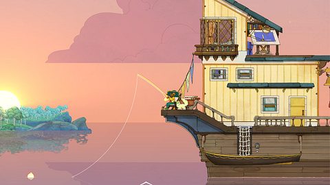 Screenshot aus Spiritfarer: Hauptfigur Stella angelt bei Sonnenaufgang auf ihrem Boot - Foto: Thunder Lotus/PR