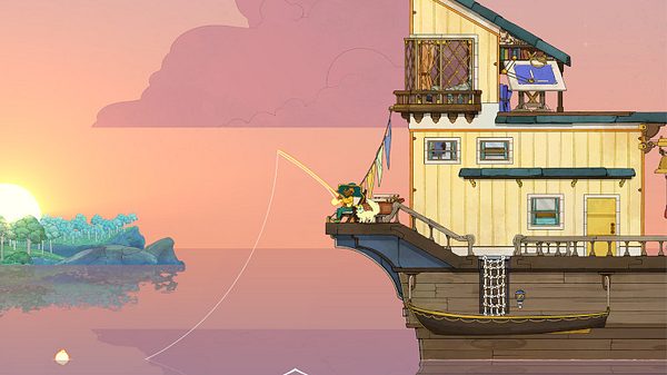Screenshot aus Spiritfarer: Hauptfigur Stella angelt bei Sonnenaufgang auf ihrem Boot - Foto: Thunder Lotus/PR