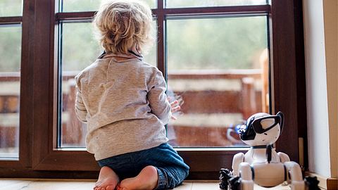 Roboter-Hund steht neben einem Jungen am Fenster - Foto: iStock/Halfpoint