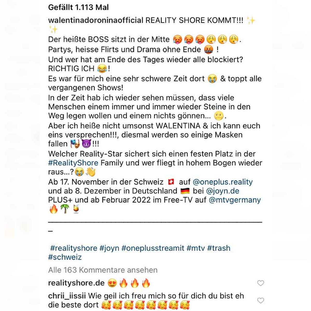 Walentinas Insta Post zu Reality Shore mit Kommentaren