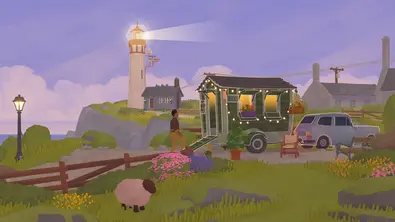 Eine szenische Landschaft mit Leuchtturm, kleinem Hüttchen an der Küste, einem kleinen Buchladen und einem Schaf - Foto: Neoludic Games