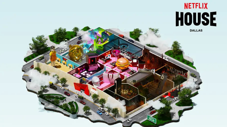 Ein Schaubild zeigt die für Dallas geplanten Attraktionen im Netflix House