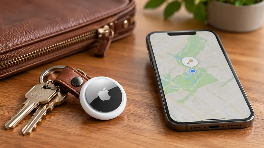 Airtag Prime Day Auf einem Holztisch liegen ein Schlüsselbund mit einem Airtag, eine braune Ledertasche und ein Smartphone mit geöffneter Karten-App. Auf dem Display ist ein Standort mit einem markierten Punkt und einem Schlüsselsymbol zu sehen.