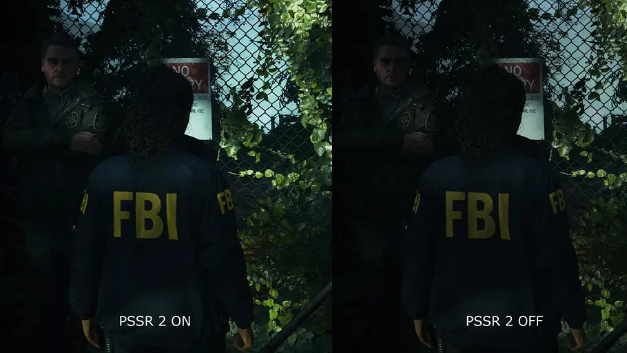 Spielszene aus Alan Wake 2 in einem Wald mit der Protagonistin mit aktiviertem und deaktiviertem PSSR 2.0