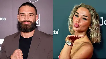 Geteiltes Bild: links Aleks Petrovic mit kurzem Haar, dunklem T-Shirt und Sakko vor dunklem Hintergrund; rechts Emmy Russ mit kurzem, welligem Haar, die lächelnd einen Handkuss gibt, vor blaugrünem Hintergrund. - Foto: IMAGO / Panama Pictures / STAR-MEDIA 