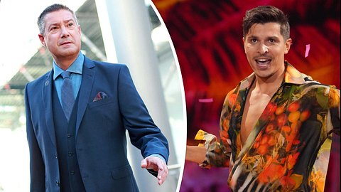 Collage: Joachim Llambi im Anzug, rechts: Ein schreiender Alexandru Ionel auf der Lets Dance-Bühne - Foto: RTL / Stefan Gregorowius