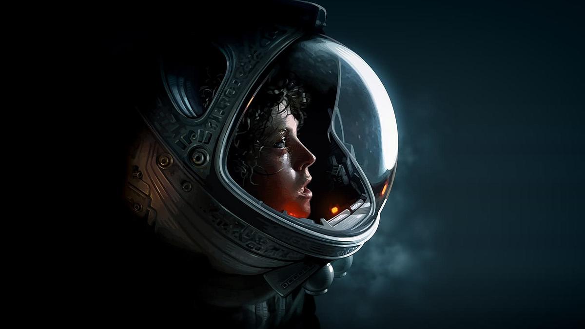 Alien Sigourney Weaver als Ellen Ripley in Alien. Sie ist in einem Raumzug im Weltall.