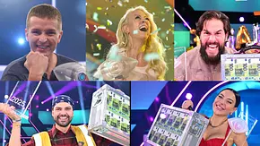 Eine Collage zeigt Aaron Troschke, Jenny Elvers, Maurice Dziwak, Jimi Blue Ochsenkecht und Leyla Lahouar jubelnd mit ihren PromiBB-Trophäen und Geldkoffern. - Foto: Sat.1 Eine Collage zeigt Aaron Troschke, Jenny Elvers, Maurice Dziwak, Jimi Blue Ochsenkecht und Leyla Lahouar jubelnd mit ihren PromiBB-Trophäen und Geldkoffern. - Foto: Sat.1