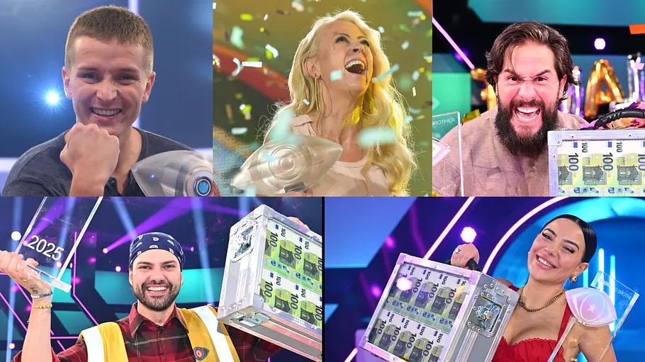 Alle PromiBB-Gewinner im Überblick Eine Collage zeigt Aaron Troschke, Jenny Elvers, Maurice Dziwak, Jimi Blue Ochsenkecht und Leyla Lahouar jubelnd mit ihren PromiBB-Trophäen und Geldkoffern.