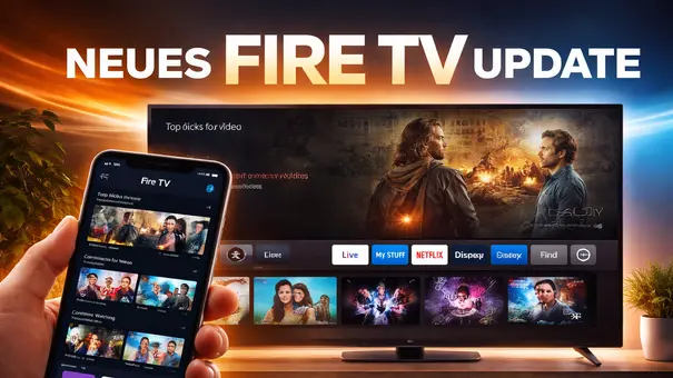 Hand hält neue Fire TV App vor Fernseher mit neuer Fire TV Optik. - Foto: TV Movie / ChatGPT