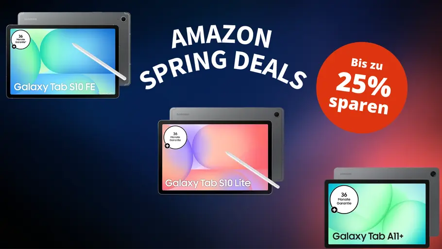 amazon-fruehlingsdeals-samsung-galaxy-tablets-tvmovie Drei Samsung Galaxy Tablets mit Amazon Spring Deals Schriftzug sowie einer Bis zu 25 Prozent sparen Sprechblase.
