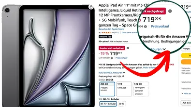 Amazon Preisverlauf am Apple iPad - Foto: Amazon (TVM-Montage) Amazon Preisverlauf am Apple iPad - Foto: Amazon (TVM-Montage)