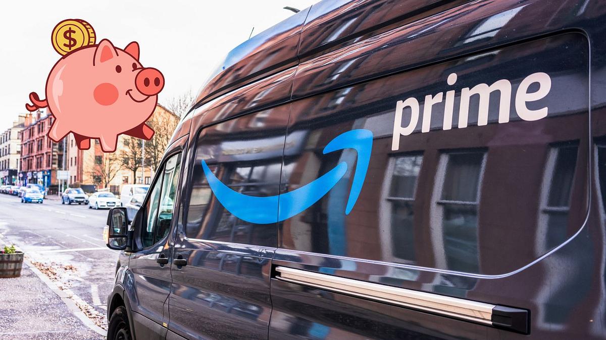 amazon Prime Ein Amazon prime Fahrzeug, daneben ein gezeichnetes Sparschwein.