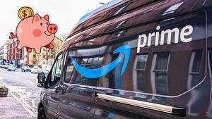 Ein Amazon prime Fahrzeug, daneben ein gezeichnetes Sparschwein. - Foto: istock/georgeclerk