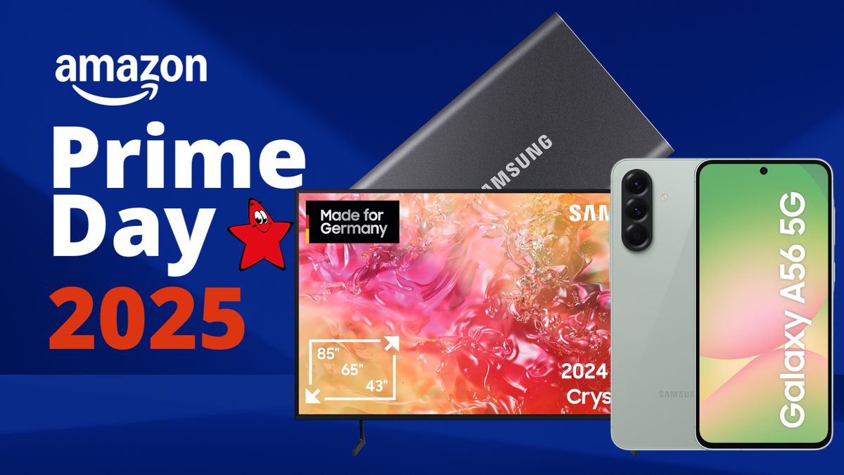 Amazon Prime Day Samsung Angebote Top 5 Auf einem blauen Hintergrund steht auf der linken Seite Prime Day 2025, daneben befinden sich Produktbilder eines TVs, einer Festplatte und eines Smartphones.