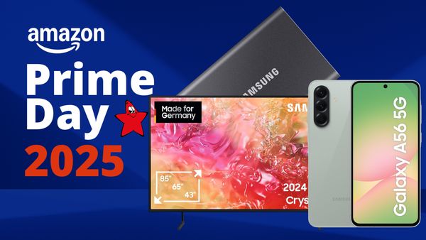 Auf einem blauen Hintergrund steht auf der linken Seite Prime Day 2025, daneben befinden sich Produktbilder eines TVs, einer Festplatte und eines Smartphones. - Foto: TVMovie.de & iStock (kyoshino, Ake Ngiamsanguan) & PR