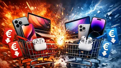 Zwei Einkaufswagen voller Apple-Produkte prallen in einer dramatischen Szene aufeinander, begleitet von fallenden Euro-Preisschildern – Symbol für einen intensiven Preiskampf im Elektronikhandel - Foto: TVMovie/ChatGPT