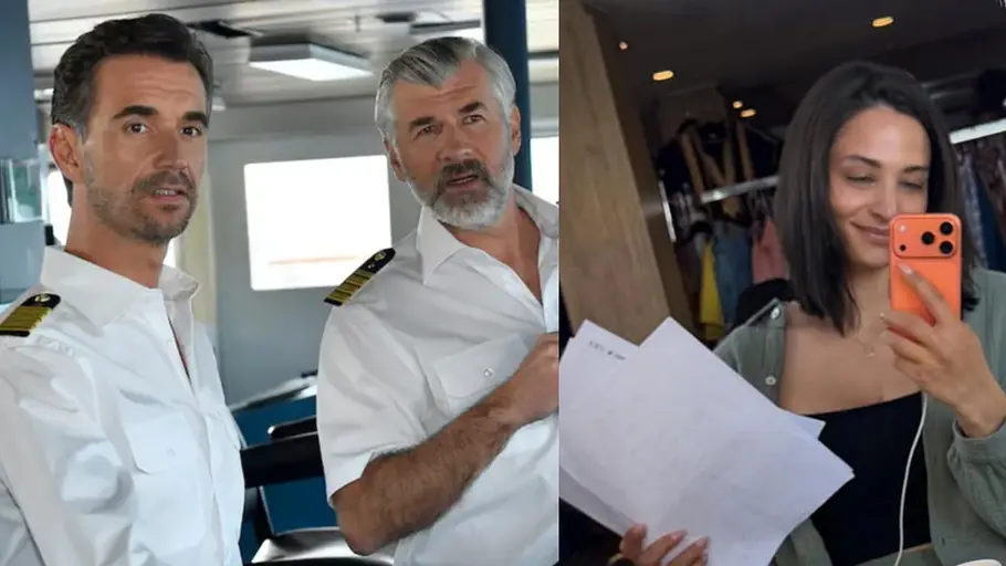 Amira Aly: Neue Traumschiff-Rolle Collage: Kapitän Max Parger (Florian Silbereisen) und sein erster Offizier Martin Grimm (Daniel Morgenroth) schauen gespannt. Rechts Amira Aly am Traumschiff-Set.