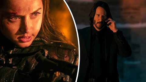 Ana de Armas mit einer Waffe in der Hand, Keanu Reeves am Telefon. - Foto: Leonine