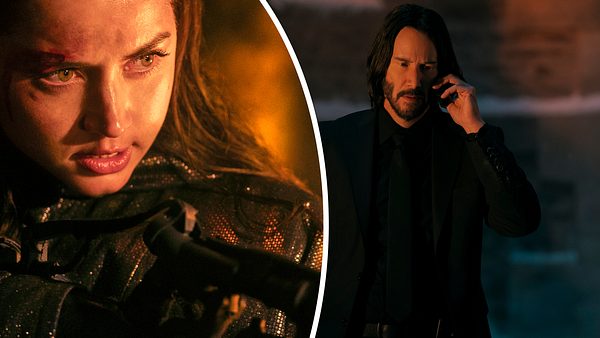Ana de Armas mit einer Waffe in der Hand, Keanu Reeves am Telefon. - Foto: Leonine