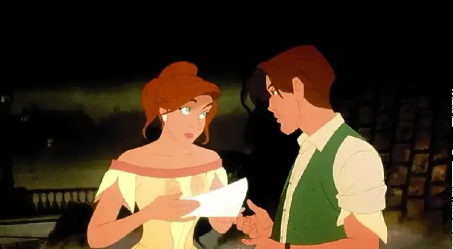 Anastasia Die Animationsfiguren Anya und Dimitri schauen sich in die Augen. Sie trägt ein gelbes Kleid und hochgesteckte Haare.